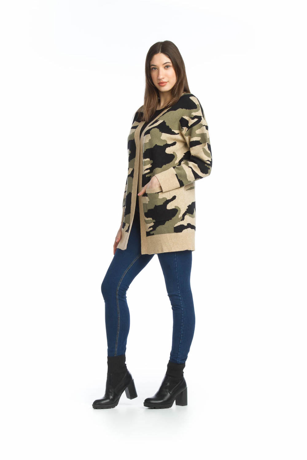 BEIGE Camo Open Cardigan with Patch Pockets