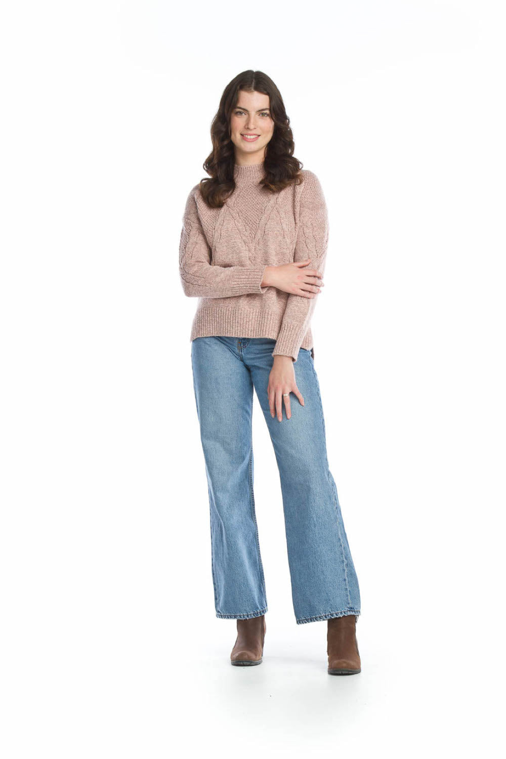 BLUE Heathered Cable Knit Mock Neck Sweater
