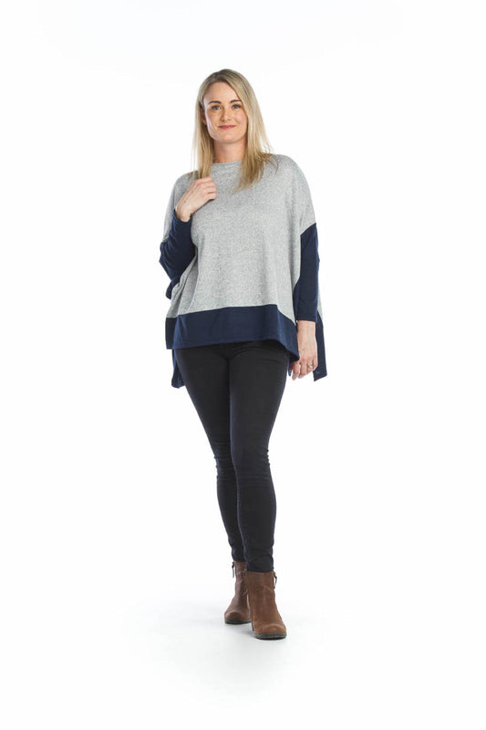 GREY Heathered Poncho Style Sweater with Navy Trim