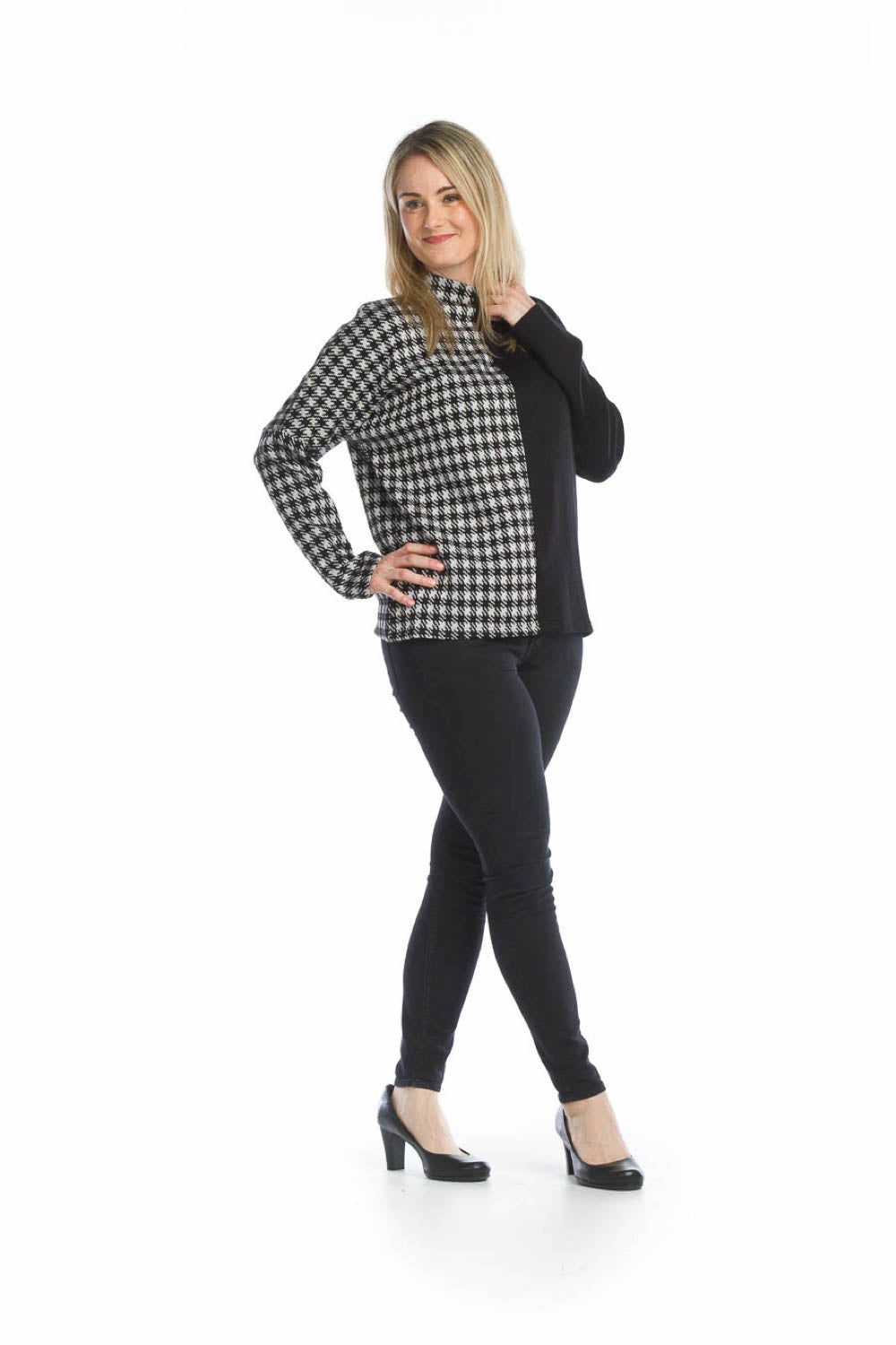 BLKWH Houndstooth Patchwork Mock Neck Sweater