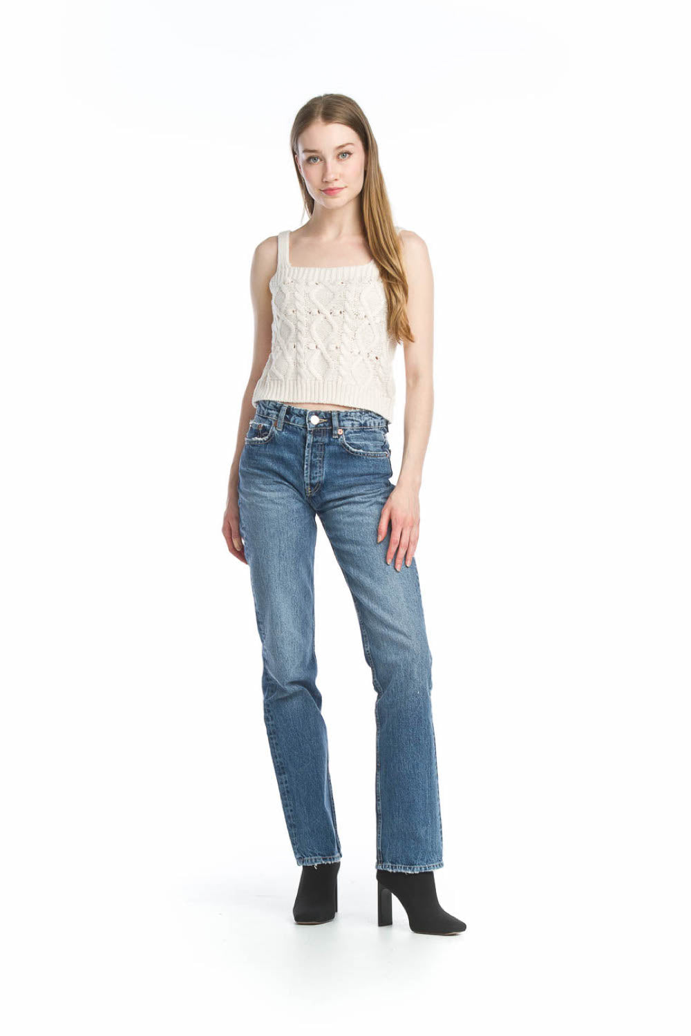 CREAM Cropped Cable Knit & Pom Pom Sweater Tank