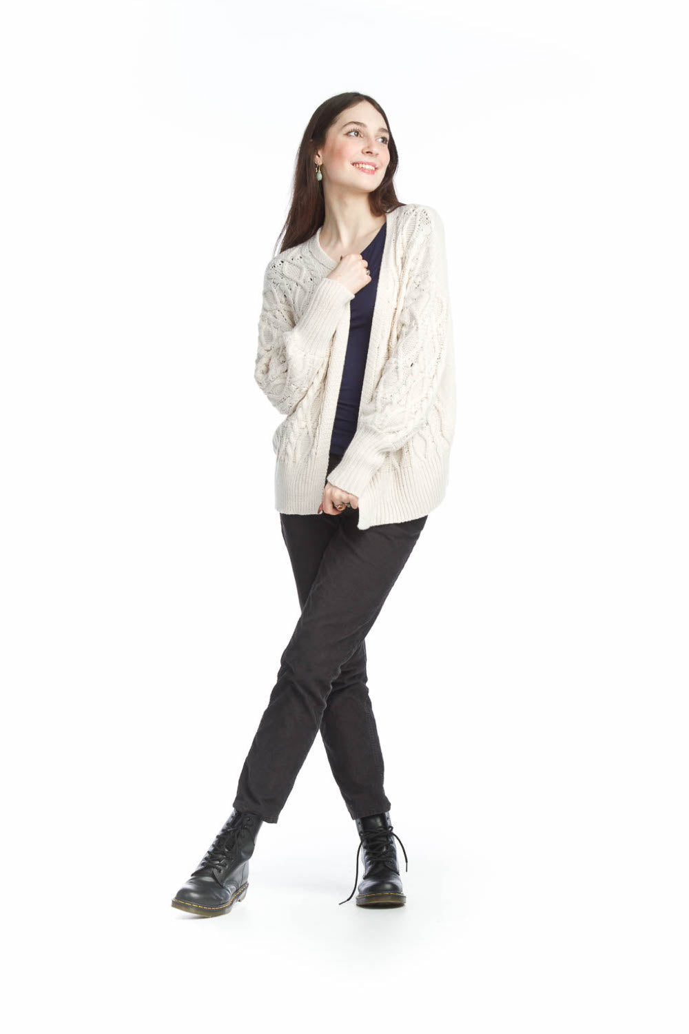 BLACK Cable Knit Cardigan with Pom Pom Detail