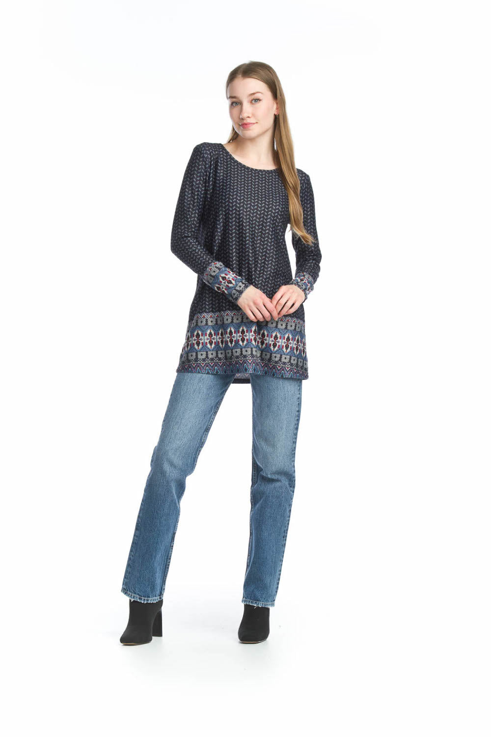MULTI Global Border Print Long Sleeve Tunic