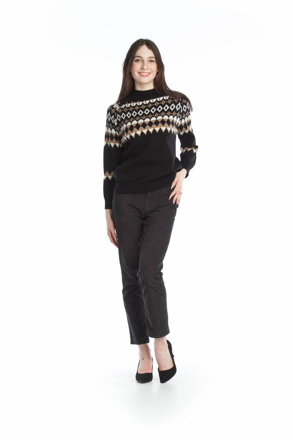BLACK Fairisle Knit Mock Neck Sweater