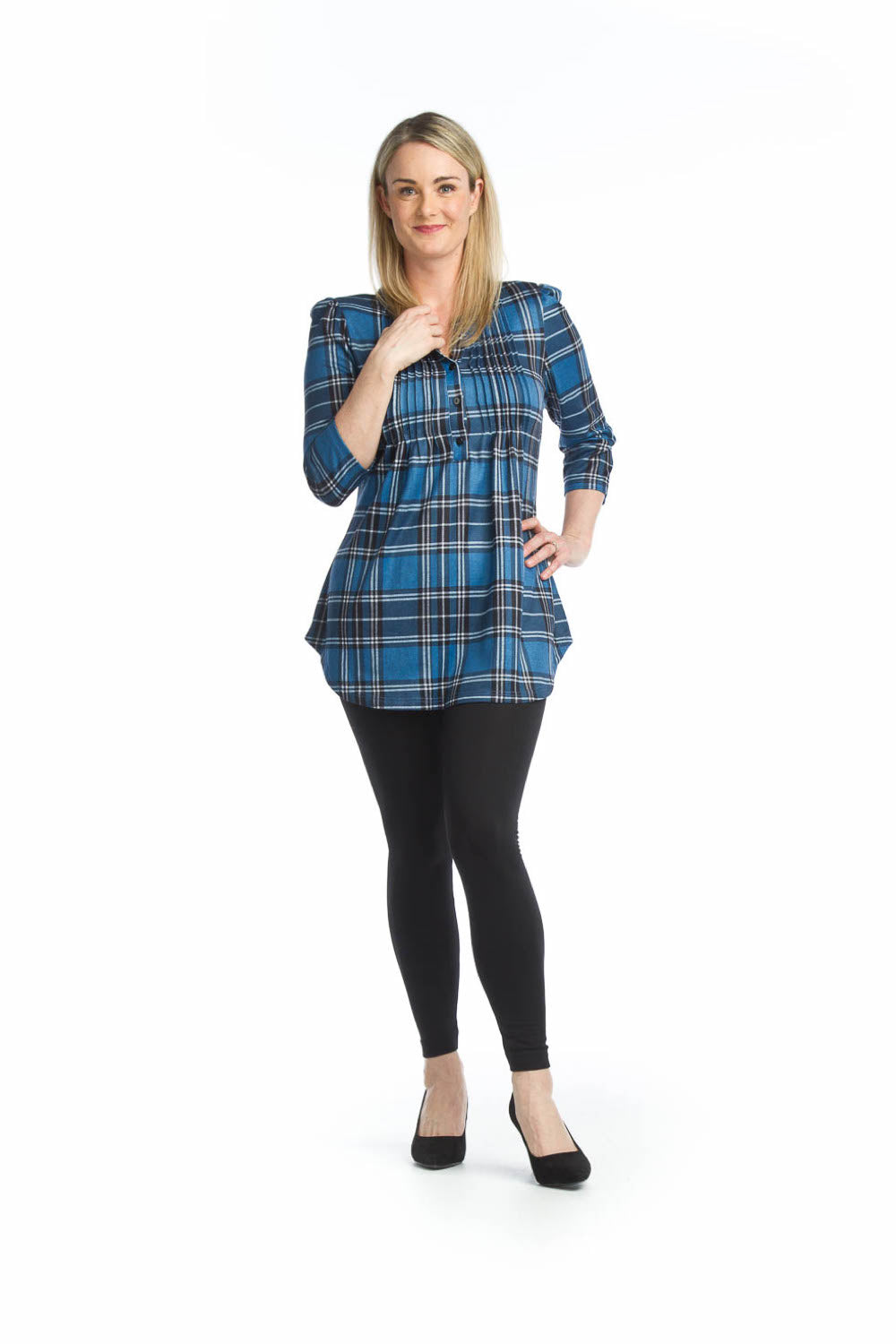 BLUE Plaid Pintuck Henley Sweater Tunic