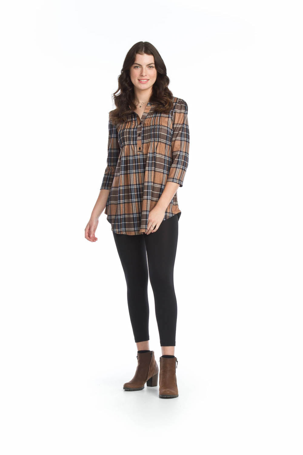 BROWN Plaid Pintuck Henley Sweater Tunic