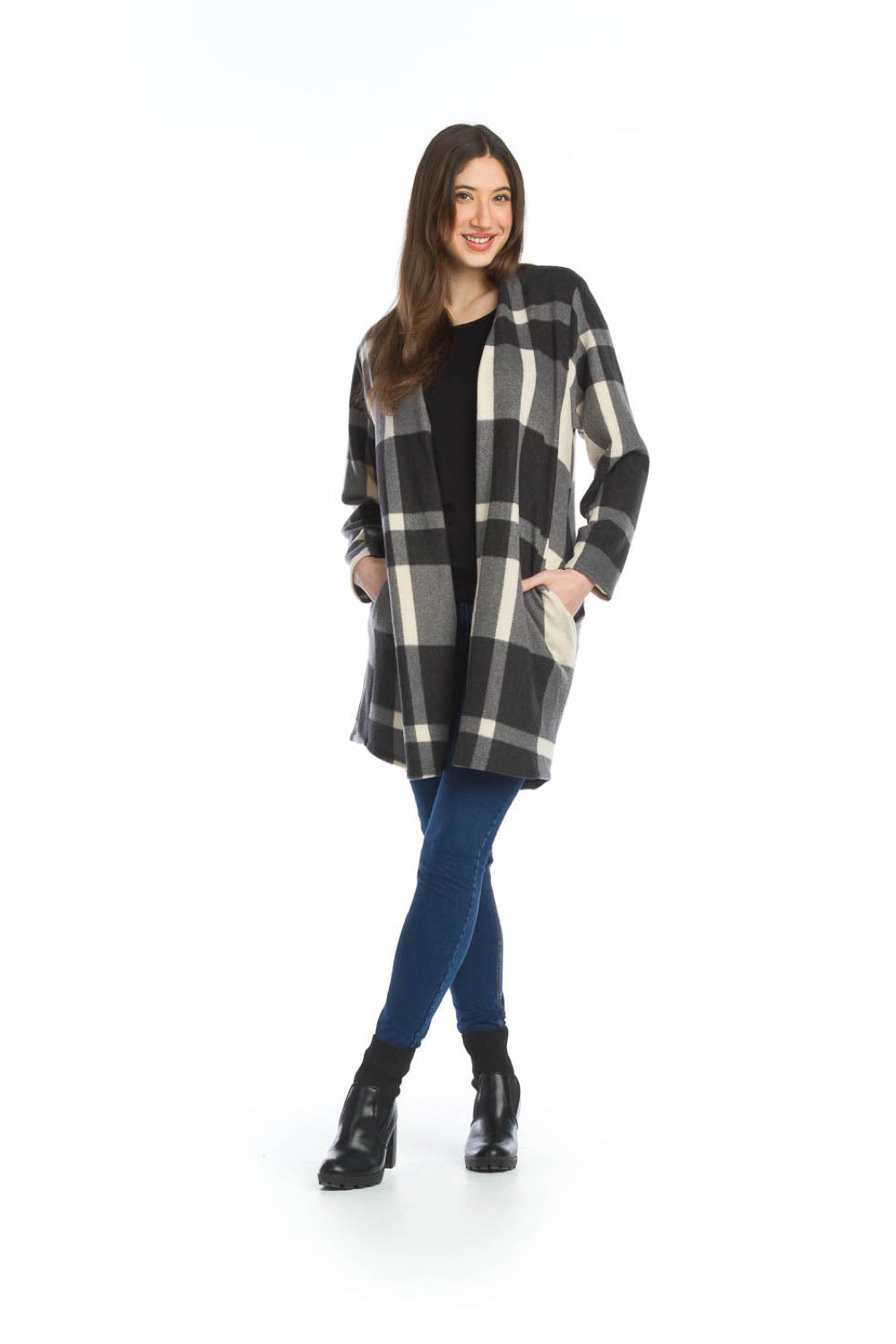 BLKWH Plaid Check Brushed Cardigan with Pockets