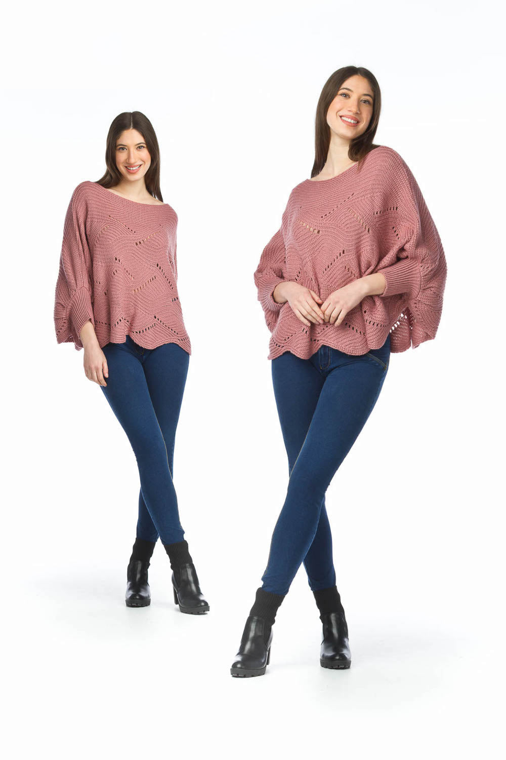 PINK Open Knit Poncho Style Sweater w Scallop Hem