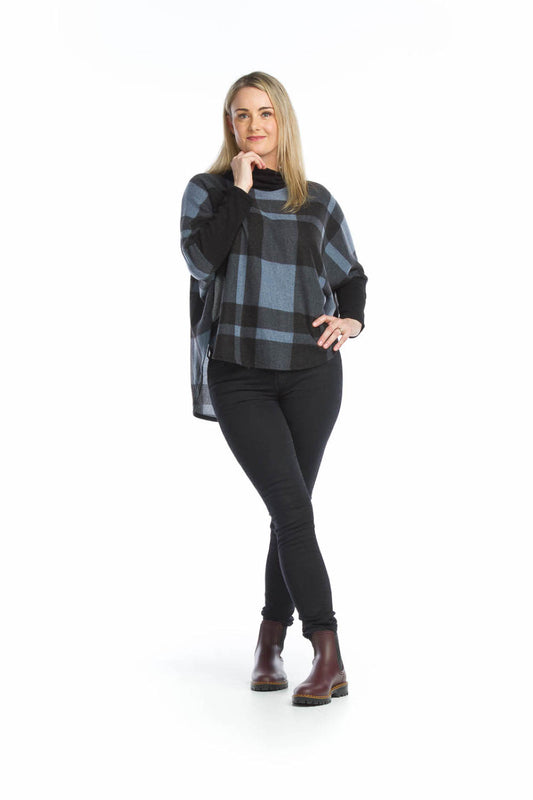 BLUE Plaid Poncho Style Cowl Neck Sweater