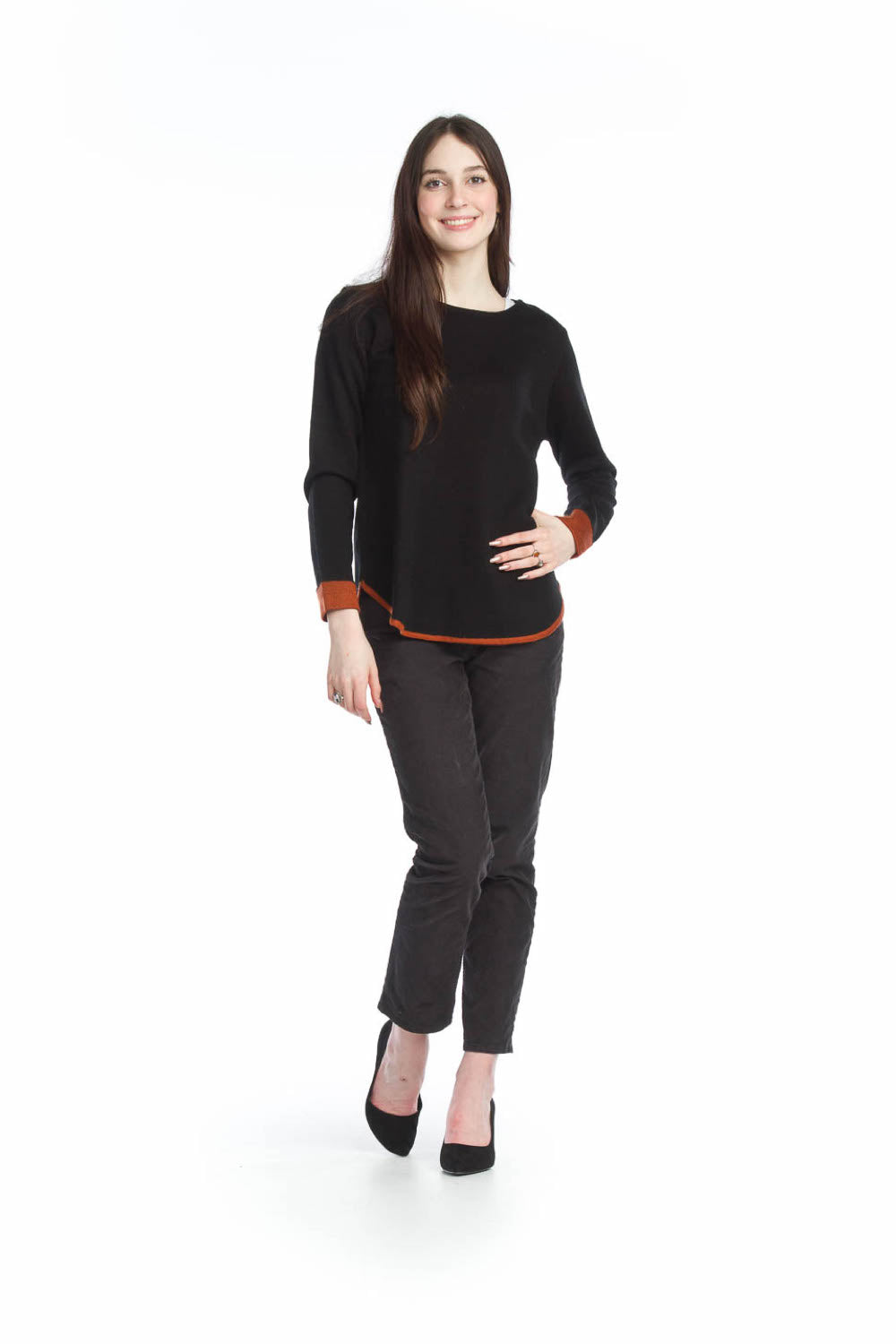 BLACK Heathered Sweater with contrast Trim & Cuff
