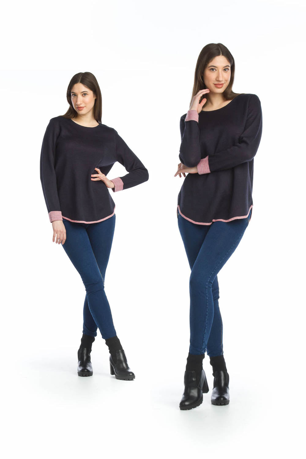 NAVY Heathered Sweater with contrast Trim & Cuff