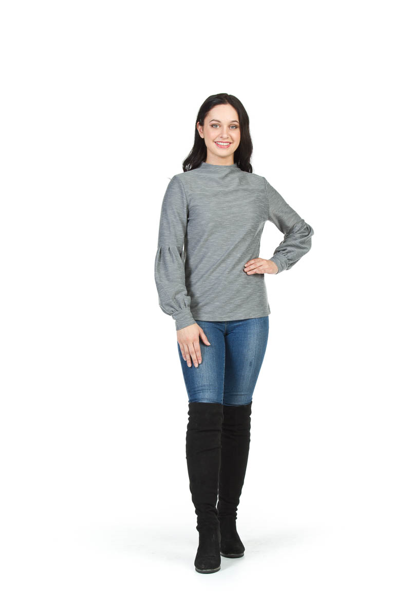 GREY Ribbed High Neck Puff Sleeve Sweater