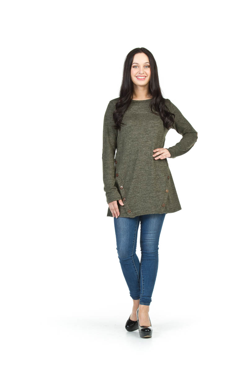 GREEN Heathered Tunic  w Button Detail and Elbow Patch