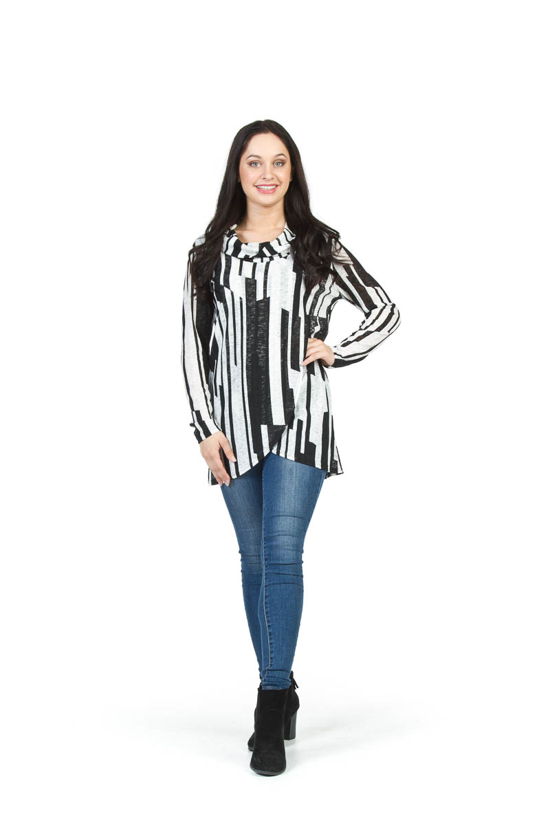 BLKWH Linear Print Cowl Neck Sweater