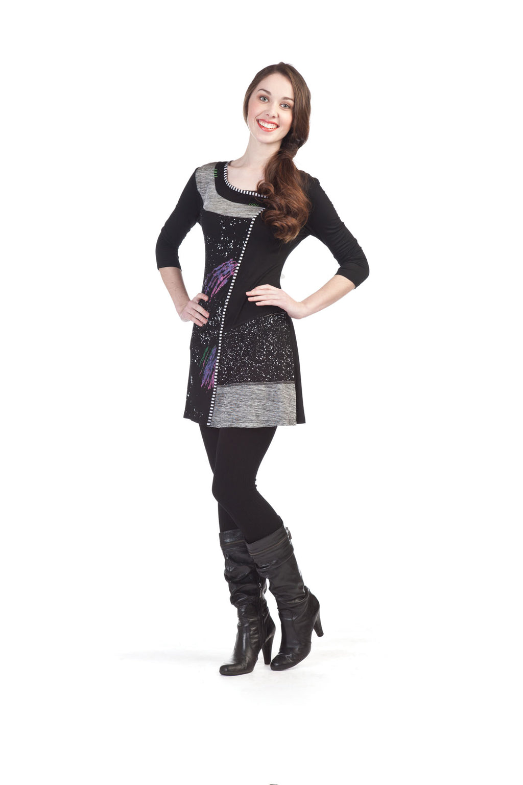 Black 3/4 Sleeve Galaxy Print Dress with White Trim