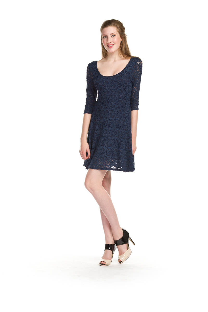 Blue 3/4 sleeve pasley lace dress