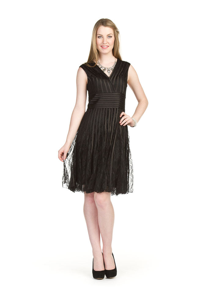 BLACK V neck ribbon trim lace tank dress