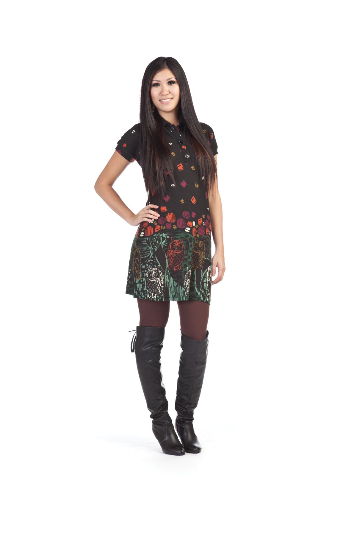 BLACK Owl Print Collar Sweater Shirt Dress