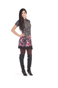 GREY Floral Border Animal Print Collar Sweater Dress