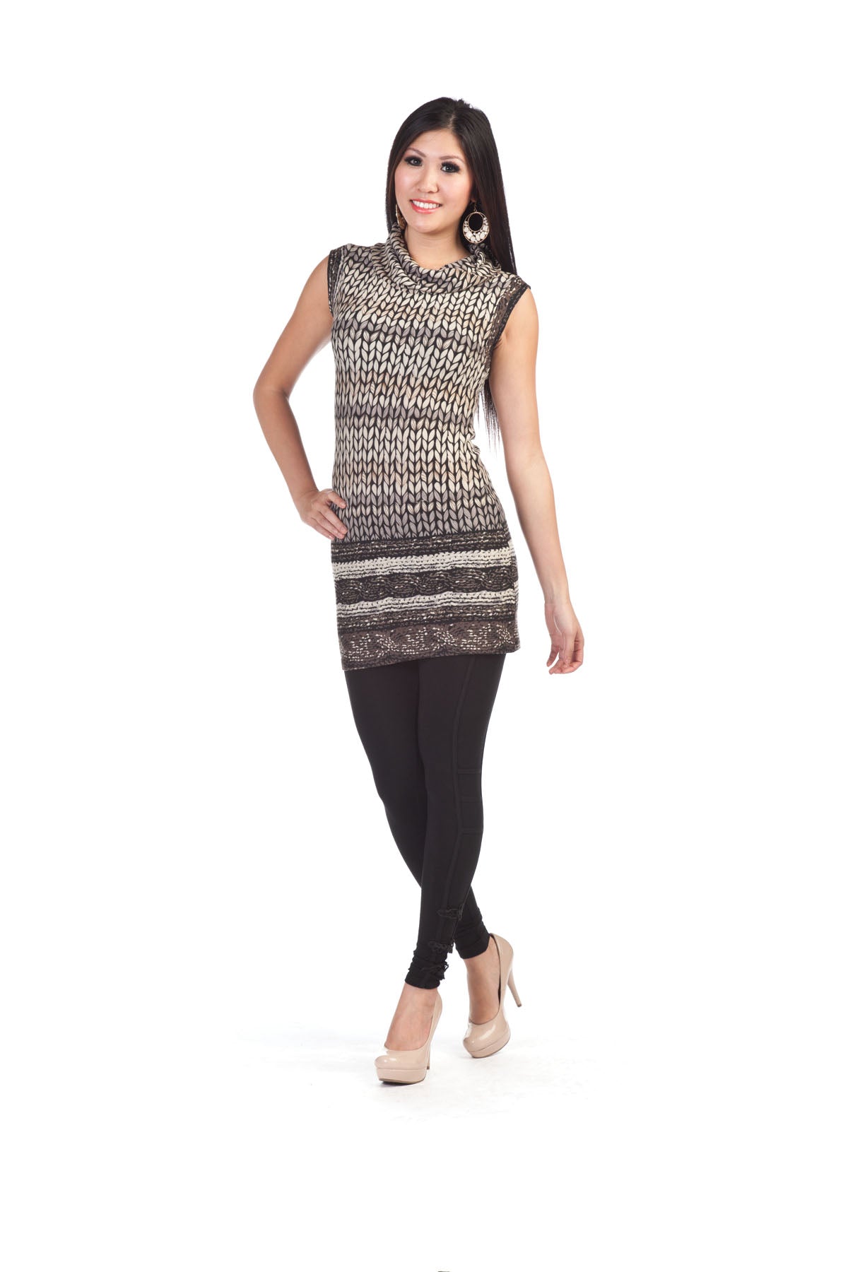 MOCHA Wheat Print Sleevelss Cowl Neck Dress