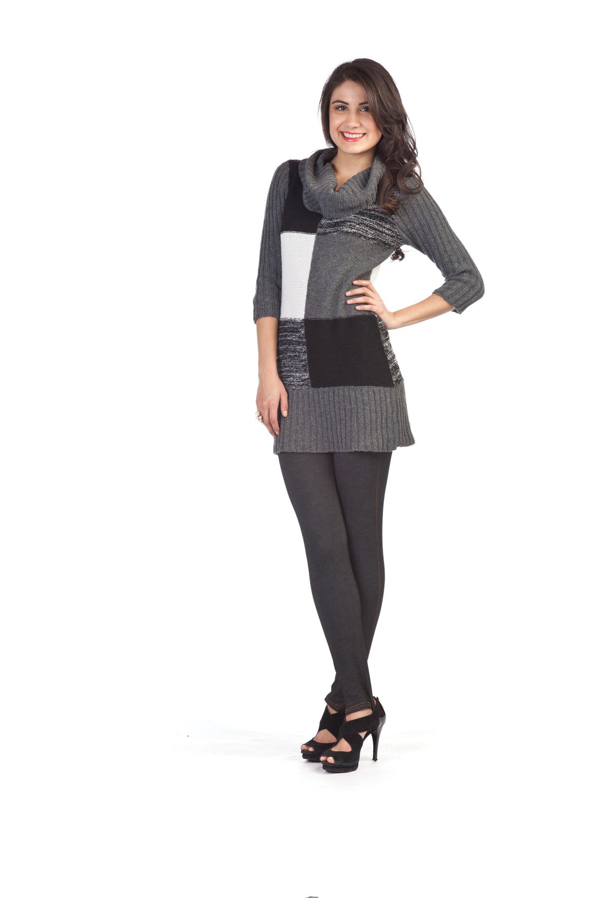 BLACK square color block cowl neck 3/4 sleeve dress