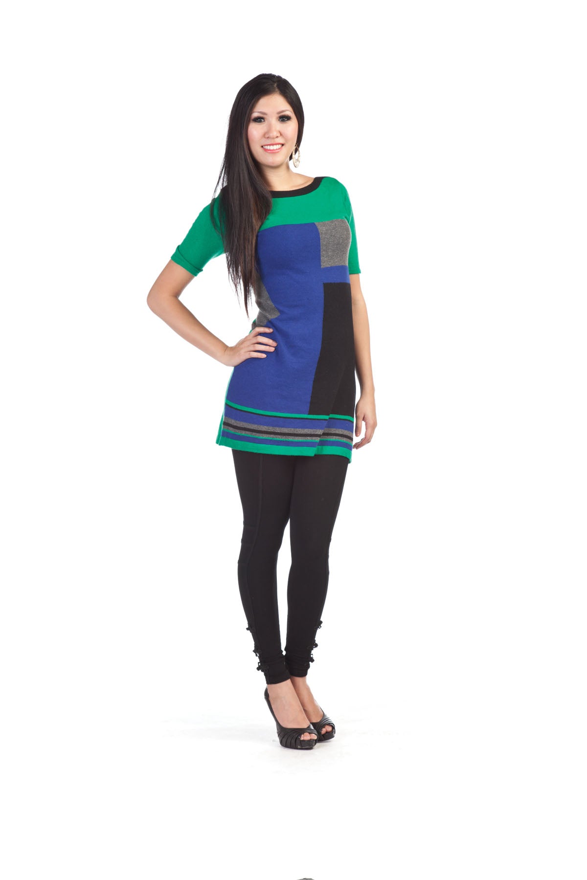 TEAL Color Block 3/4 Sleeve  Angora Dress