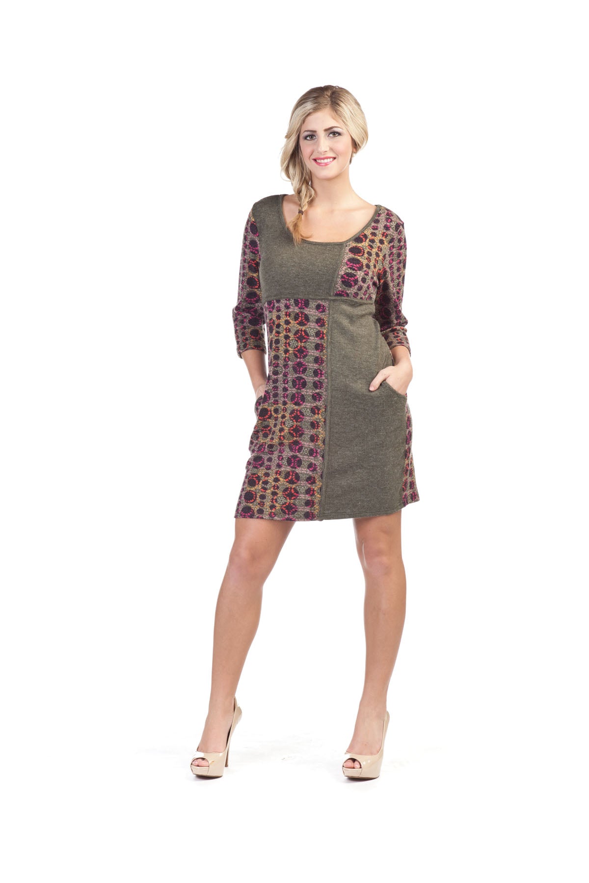 GREEN Solid & Print Patch 3/4 Sleeves Sweater dress