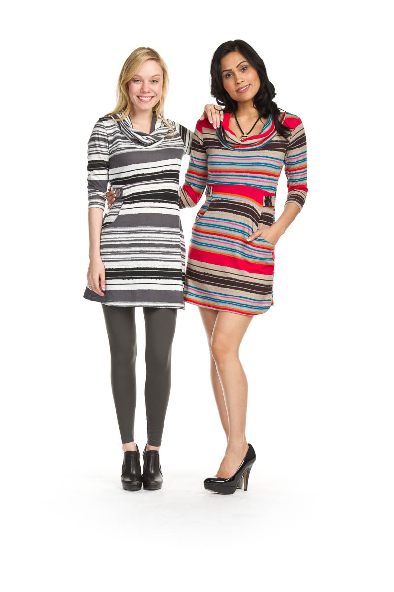 RED Stripe Cowl Neck Dress With Pockets