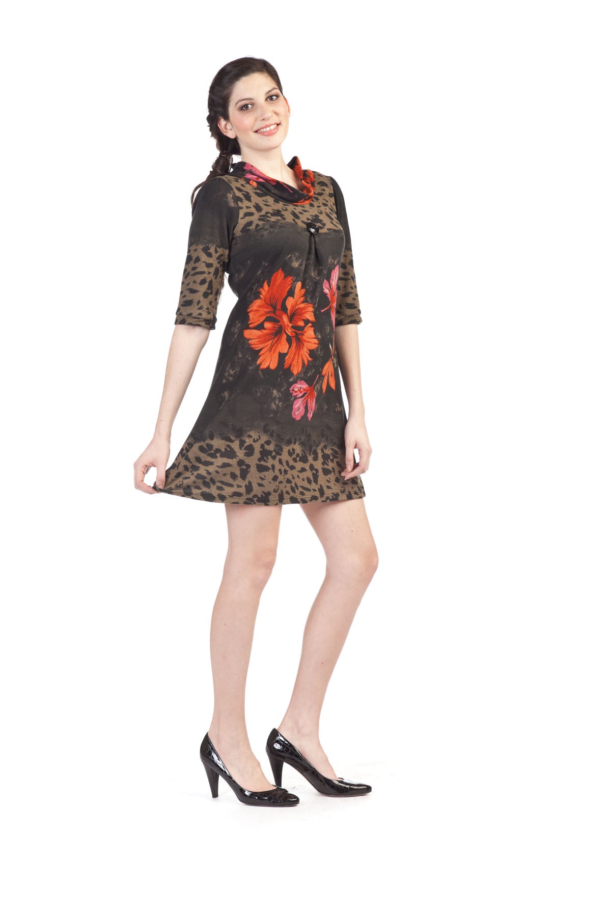 KHAKI Big Floral  Placement & Animal Print Dress