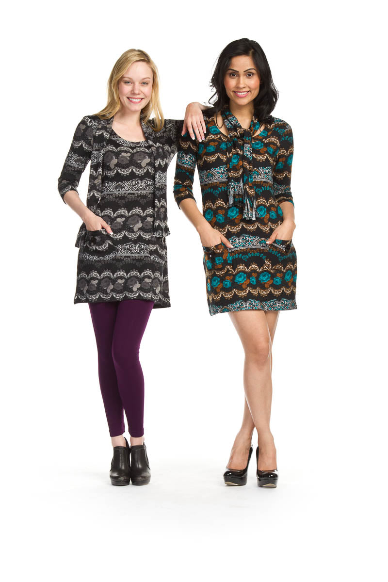 TEAL 3/4 sleev floral lace print sweater dress w scarf