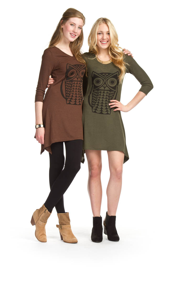 KHAKI Owl print 3/4 sleeve trapeze dress