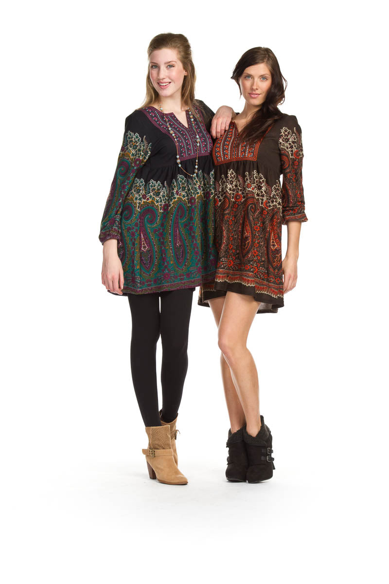 NAVY Paisley print long sleeve embroidered yoke dress