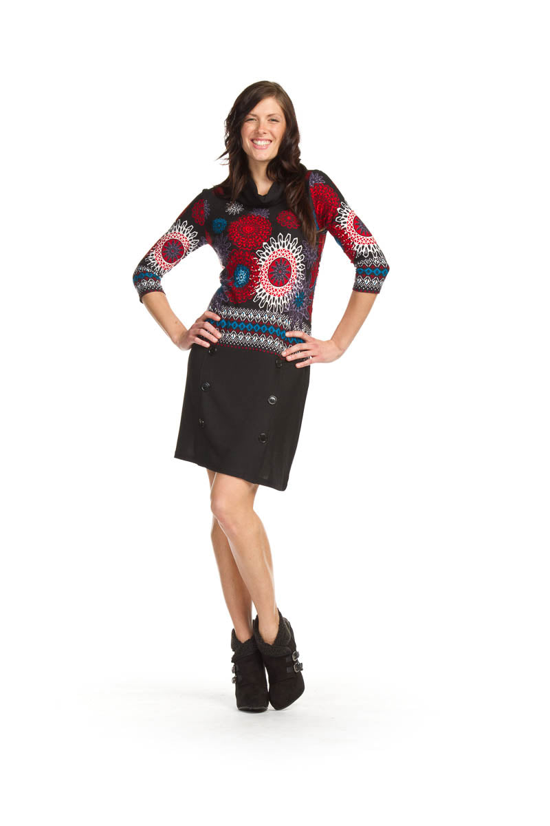 BLACK Floral top solid bottom cowl neck 3/4 sleeve