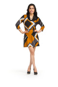 MULTI Geo square print cowl neck 3/4 sleeve Mustard dres