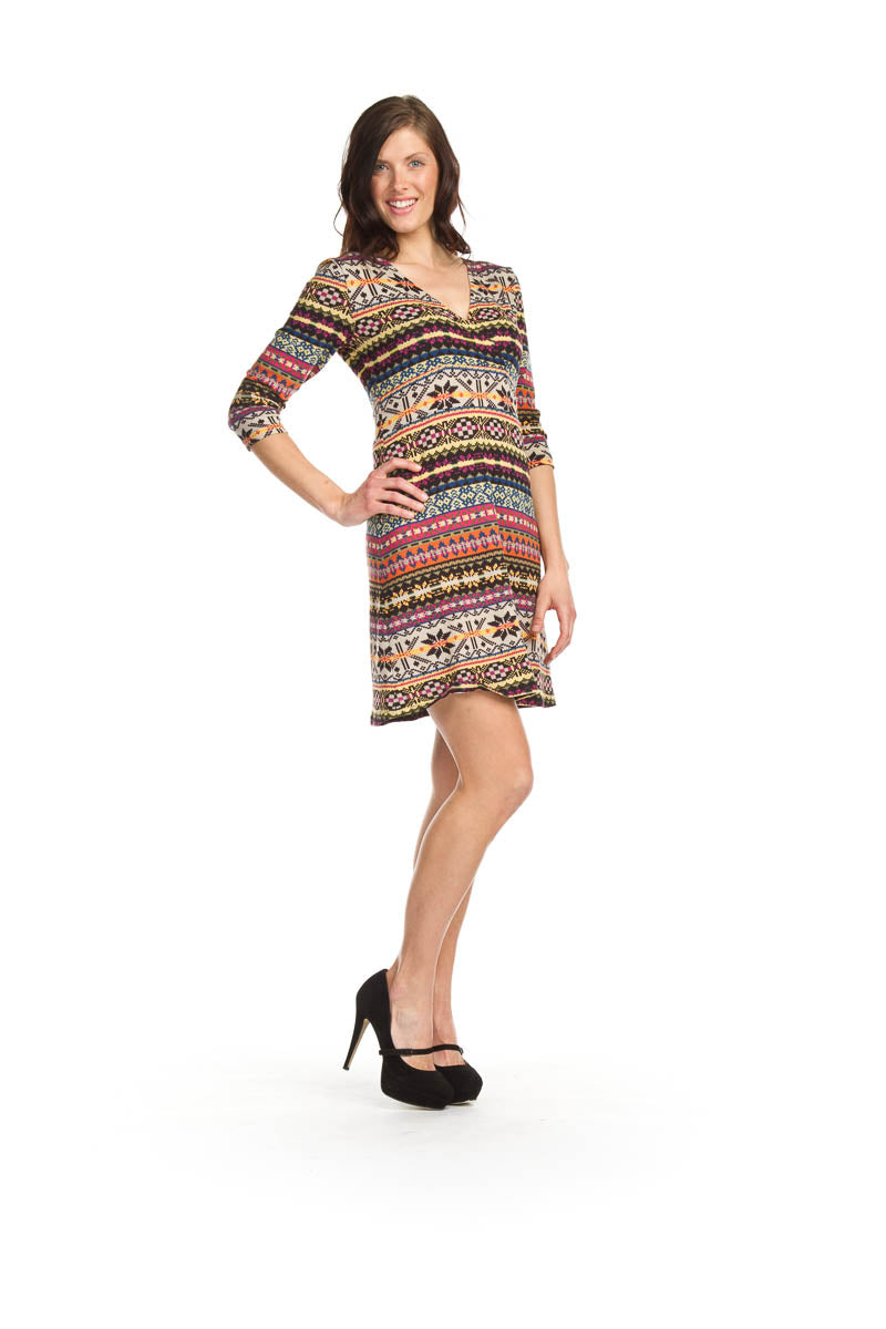 MULTI Fair isle print cross over neck 3/4 sleeve dress