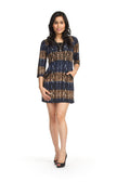 NAVY Cable print zipper v neck trim 3/4  sleeve dress