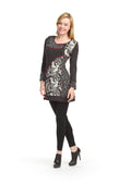 BLACK Boucle & print patch long sleeve dress