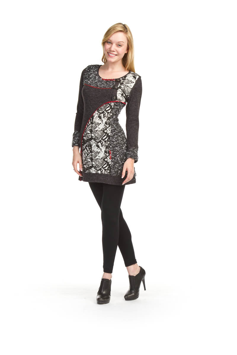 BLACK Boucle & print patch long sleeve dress