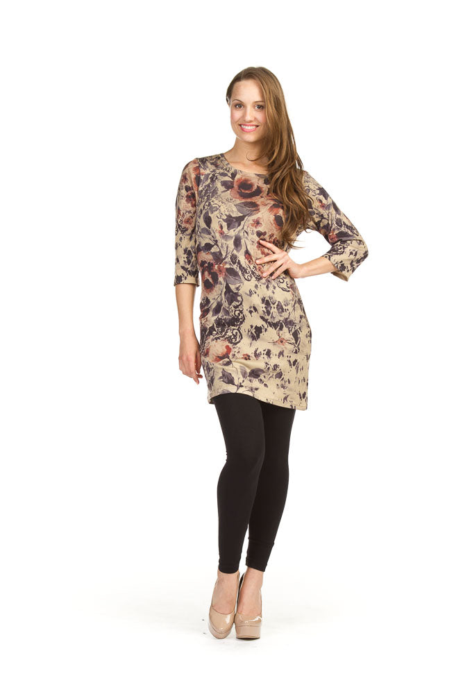 BEIGE watercolor floral print 3/4 sleeve sweater dress