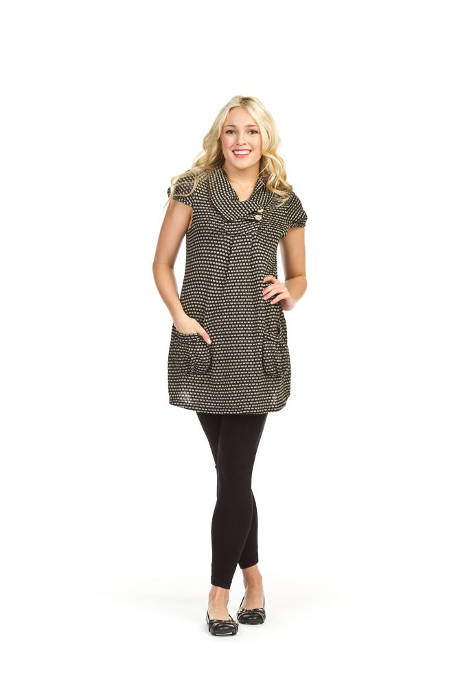 BLACK Broken stipe print drape collar cap slv pocket