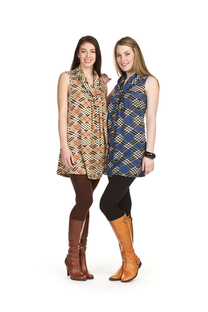 BEIGE Plaid print cowl neck pleat front dress w pocket