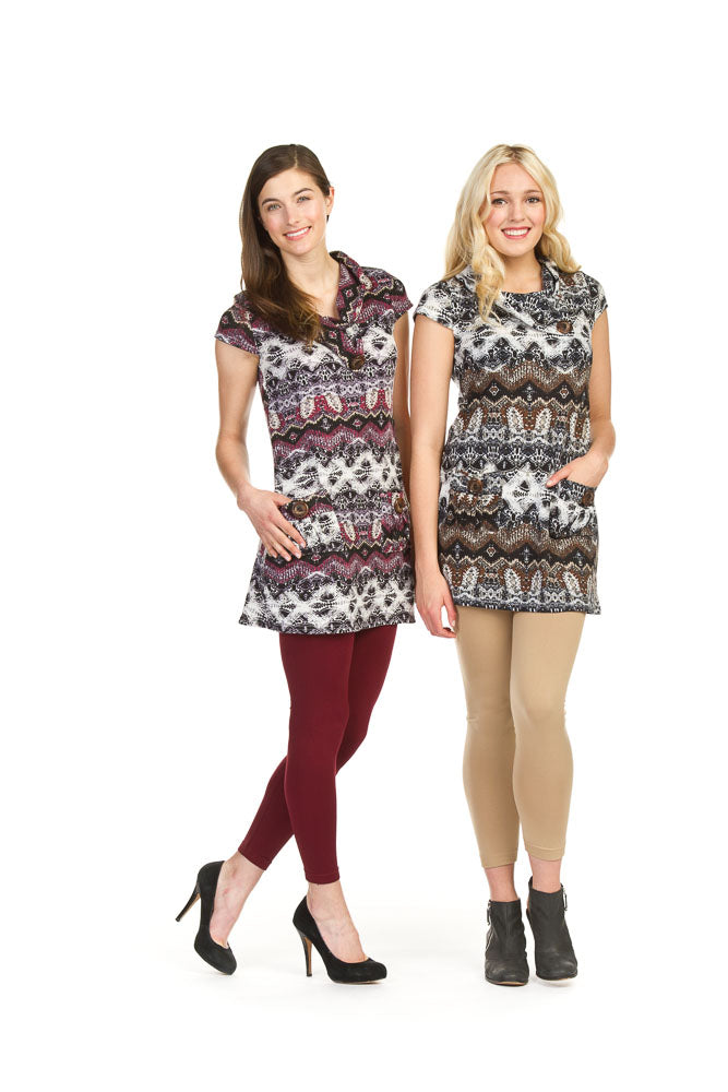 PURPL Global print drape collar cap sleeve sweater dress
