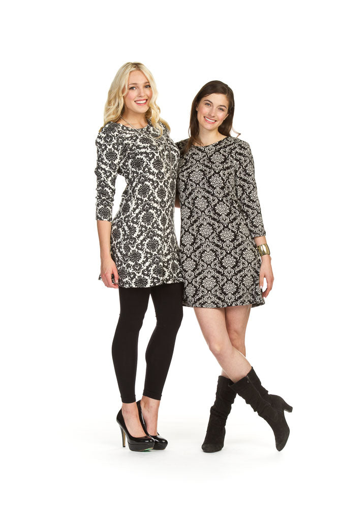 BLACK Damask print 3/4 sleeve a line sweater dress