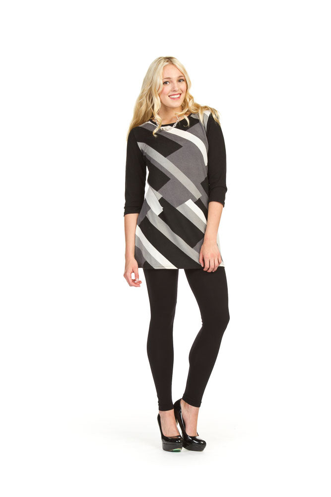 BLACK Geo stripe print 3/4 sleeve tunic dress