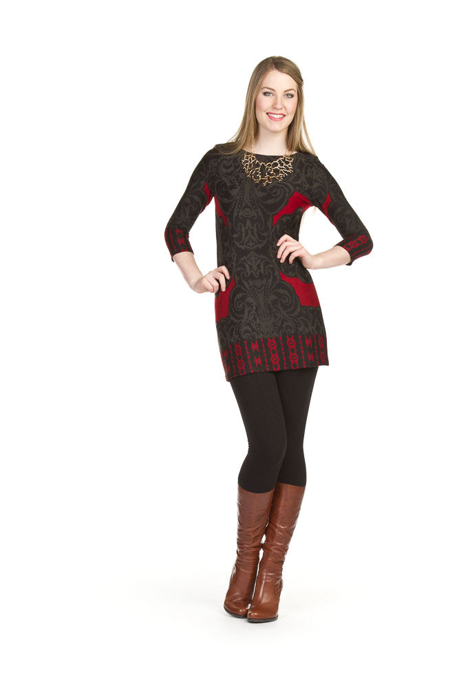 BLACK Damask print 3/4 sleeve sweater dress