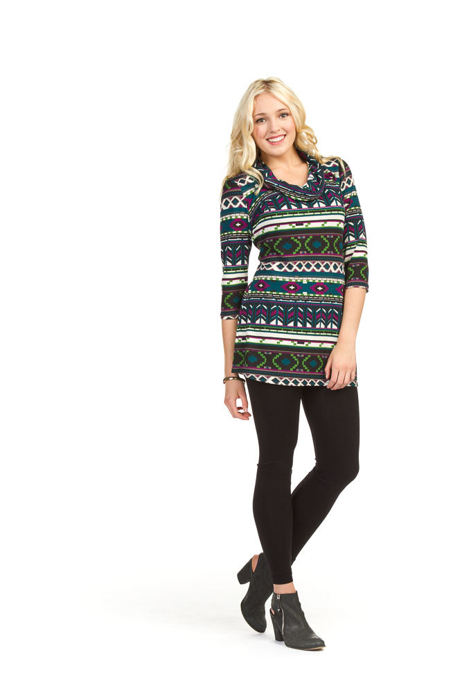 TEAL Global print cowl neck 3/4 sleeve dress