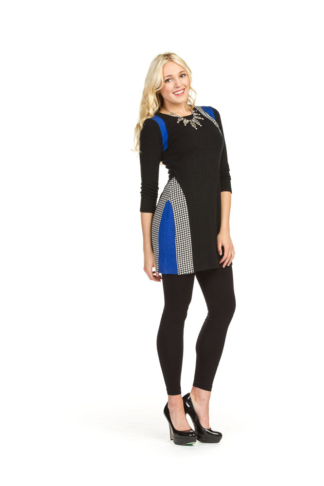 BLACK Color block with houndstooth 3/4 sleeve dress