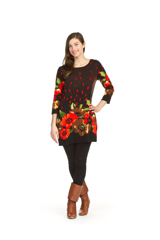 BLACK Floral polka dot border print 3/4 sleeve