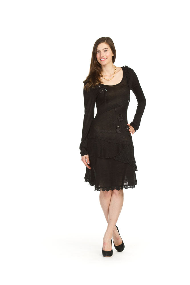 BLACK Floral applique and patch long sleevedress