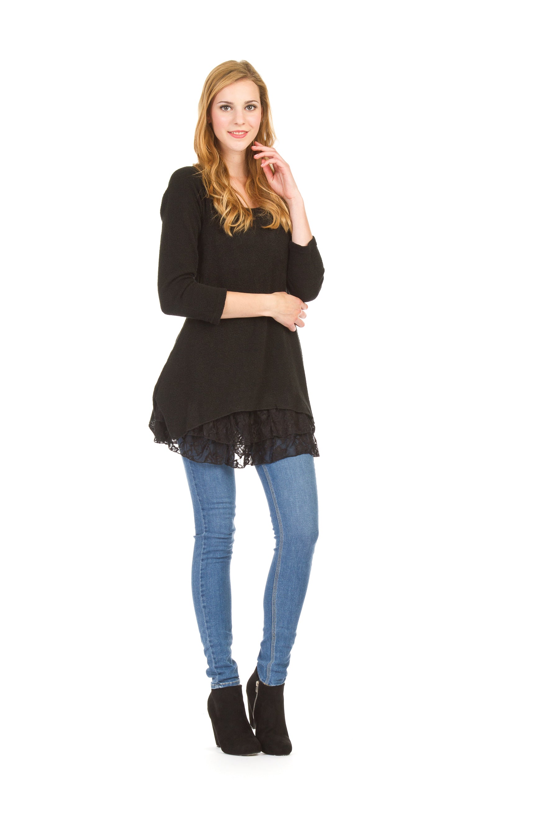 BLACK Solid with lace layered hem long sleeve tunic